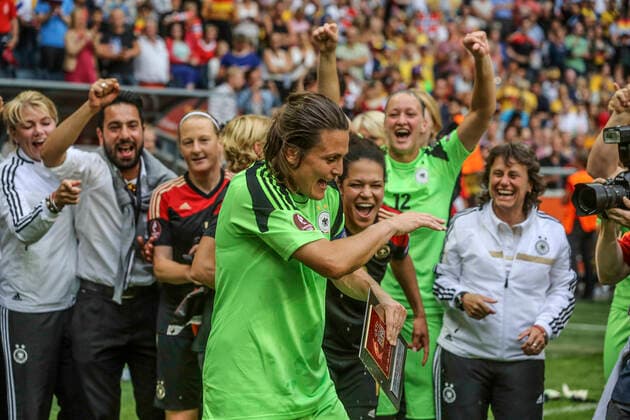 STOCKHOLM 20130608 Germanys goalkeeper Nadine Angerer, with CÃ lia Okoyino Da Mbabi after the 1-0 win in the European Championship football final between Germany and Norway at Friends Arena in Solna, Stockholm, on Sunday STOCKHOLM SWEDEN Football  x1037x Copyright: xSÖRENxANDERSSONx xTTx DAM-EM 2013 FINAL TYS-NOR