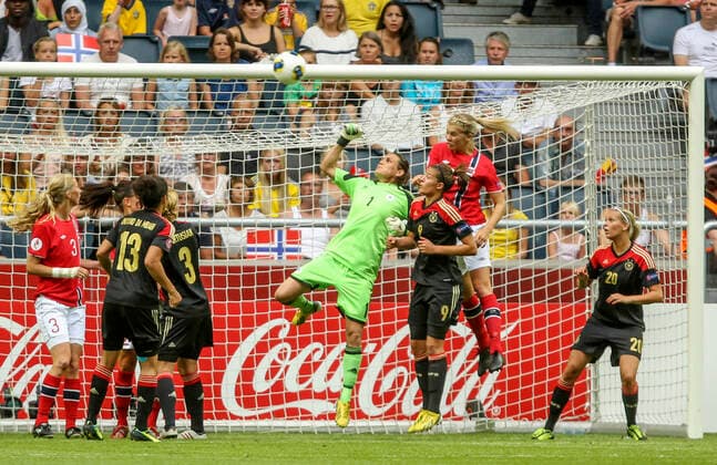 STOCKHOLM 20130608 Germanys Nadine Angerer boxes the ball with Norways Elise Thorsnes to her right during the European Championship soccer final between Germany and Norway at Friends Arena in Solna, Stockholm, on Sunday STOCKHOLM SWEDEN Football x1037x  Copyright: xSÖRENxANDERSSONx xTTx DAM-EM 2013 FINAL TYS-NOR