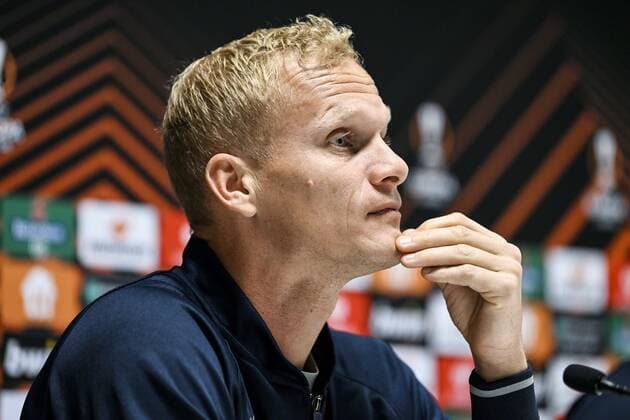 LEUVEN, BELGIUM - NOVEMBER 02 : Geraerts Karel head coach of Union St-Gilloise pictured during a press conference, PK, Pressekonferenz prior to the UEFA Europa League match between Union St-Gilloise and Union Berlin at the King Power Stadium at den Dreef November 2, 2022 in Leuven, Belgium, 2 11 2022 ( Union ST-Gilloise press conference. PhotoNews Panoramic 