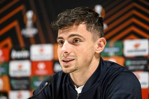 LEUVEN, BELGIUM - NOVEMBER 02 : Vanzeir Dante forward of Union St-Gilloise pictured during a press conference, PK, Pressekonferenz prior to the UEFA Europa League match between Union St-Gilloise and Union Berlin at the King Power Stadium at den Dreef November 2, 2022 in Leuven, Belgium, 2 11 2022 ( Union ST-Gilloise press conference. PhotoNews Panoramic 