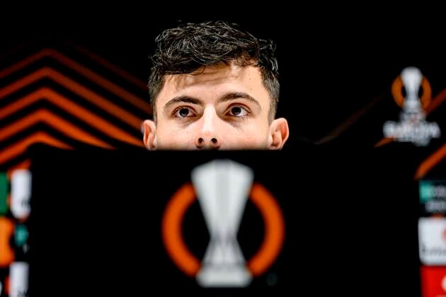 LEUVEN, BELGIUM - NOVEMBER 02 : Vanzeir Dante forward of Union St-Gilloise pictured during a press conference, PK, Pressekonferenz prior to the UEFA Europa League match between Union St-Gilloise and Union Berlin at the King Power Stadium at den Dreef November 2, 2022 in Leuven, Belgium, 2 11 2022 ( Union ST-Gilloise press conference. PhotoNews Panoramic 