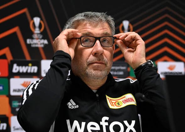 Berlin s head coach Urs Fischer pictured during a press conference, PK, Pressekonferenz of German soccer team Union Berlin, Wednesday 02 November 2022 in Heverlee, in preparation of tomorrow s game against Belgian soccer team Royale Union Saint-Gilloise on day 6 6 of the Uefa Europa League group stage. JOHNxTHYS  x48486833x