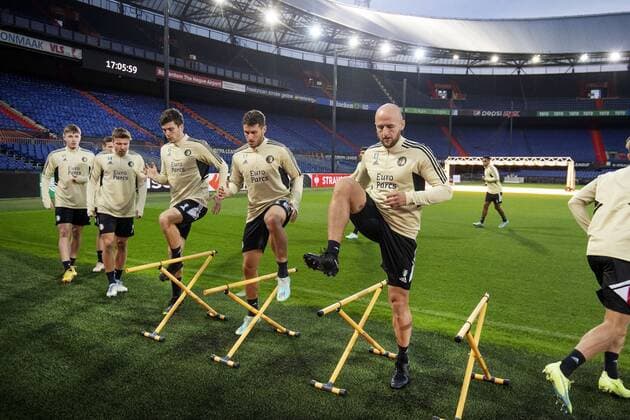 ROTTERDAM Jacob Rasmussen, Santiago Gimenez, Gernot Trauner of Feyenoord during training before the UEFA Europa League match between Feyenoord and Lazio Roma at Feyenoord Stadium de Kuip on November 2, 2022 in Rotterdam, Netherlands ANP OLAF KRAAK UEFA Europa League MD 1 2022 2023 xVIxANPxSportx xxANPxIVx 457116935 originalFilename: 457116935.jpg