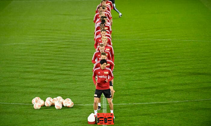 Sport Bilder des Tages Berlin s players are pictured during a press conference, PK, Pressekonferenz of German soccer team Union Berlin, Wednesday 02 November 2022 in Heverlee, in preparation of tomorrow s game against Belgian soccer team Royale Union Saint-Gilloise on day 6 6 of the Uefa Europa League group stage. JOHNxTHYS  x48490597x