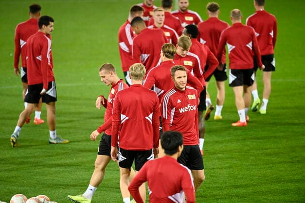 Berlin s players are pictured during a training session of German soccer team Union Berlin, Wednesday 02 November 2022 in Heverlee, in preparation of tomorrow s game against Belgian soccer team Royale Union Saint-Gilloise on day 6 6 of the Uefa Europa League group stage. JOHNxTHYS  x48491150x