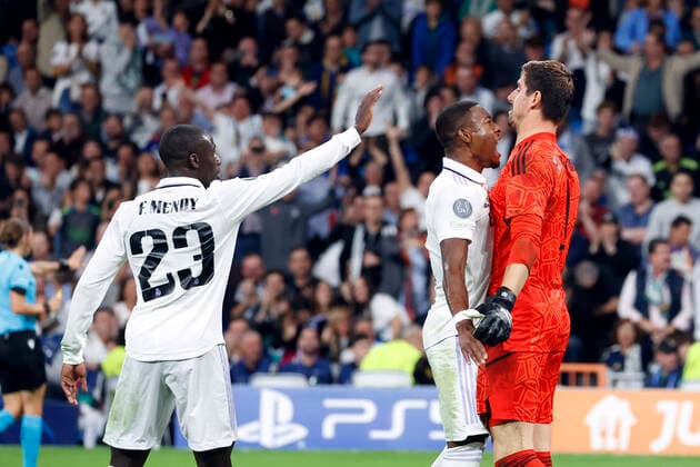 Ferland Mendy, David Alaba and Thibaut Courtois (saved penalty) during Real Madrid vs Celtic Glasgow Champions League match on November 02, 2022 at Santiago Bernabeu Stadium in Madrid, Spain. Photo: Cebolla Senis ALFAQUI Madrid Santiago Bernabeu Stadium Spain Copyright: xCebolla Senis xALFAQUIx