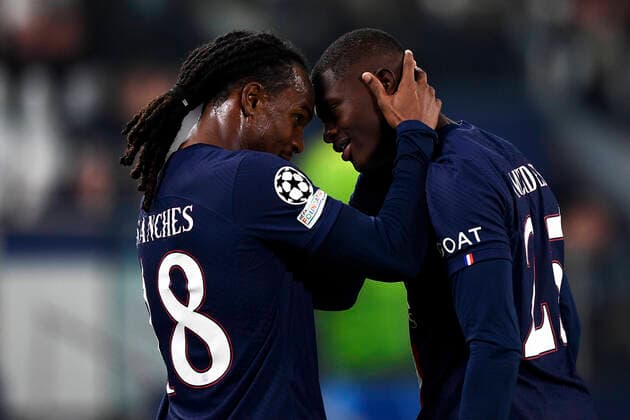 Juventus FC v Paris Saint-Germain FC - UEFA Champions League Nuno Mendes of Paris Saint-Germain FC celebrates with Renato Sanches of Paris Saint-Germain FC after scoring a goal during the UEFA Champions League football match between Juventus FC and Paris Saint-Germain FC. Turin Italy Copyright: xNicolòxCampox