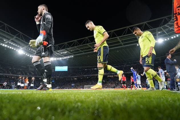 Mandatory Credit: Photo by Bagu Blanco Pressinphoto Shutterstock (13607020r) David de Gea , Diogo Dalot and Carlos Henrique Casemiro of Manchester United, ManU Real Sociedad v Manchester United, UEFA Europa League, Group C, date 4. Football, Reale Arena Stadium, San Sebastian, Spain - 3 Nov 2022 Editorial use only Real Sociedad v Manchester United, UEFA Europa League, Group C, date 4. Football, Reale Arena Stadium, San Sebastian, Spain - 3 Nov 2022 Editorial use only Copyright: xBaguxBlanco Pressinphoto Shutterstockx 13607020r
