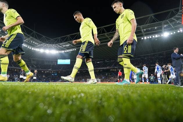 Mandatory Credit: Photo by Bagu Blanco Pressinphoto Shutterstock (13607020u) David de Gea , Diogo Dalot and Carlos Henrique Casemiro of Manchester United, ManU Real Sociedad v Manchester United, UEFA Europa League, Group C, date 4. Football, Reale Arena Stadium, San Sebastian, Spain - 3 Nov 2022 Editorial use only Real Sociedad v Manchester United, UEFA Europa League, Group C, date 4. Football, Reale Arena Stadium, San Sebastian, Spain - 3 Nov 2022 Editorial use only Copyright: xBaguxBlanco Pressinphoto Shutterstockx 13607020u