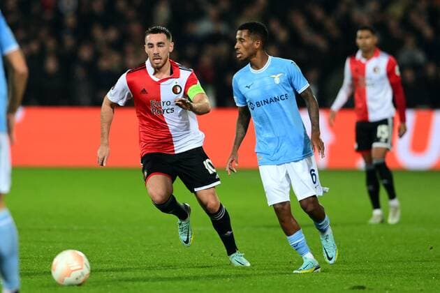 ROTTERDAM lr Orkun Kokcu of Feyenoord, Marcos Antonio of Lazio Roma during the UEFA Europa League Group F match between Feyenoord and Lazio Roma at Feyenoord Stadion de Kuip on November 3, 2022 in Rotterdam, Netherlands ANP OLAF KRAAK UEFA Europa League Group F 2022 2023 xVIxANPxSportx xxANPxIVx 457174697 originalFilename: 457174697.jpg