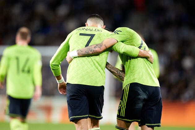 November 3, 2022, SAN SEBASTIAN, GUIPUZCOA, SPAIN: Alejandro Garnacho and Cristiano Ronaldo of Manchester United, ManU reacts after scoring first goal during the UEFA Europa League group E match between Real Sociedad and Manchester United at Reale Arena on November 3, 2022, in San Sebastian, Spain. SAN SEBASTIAN SPAIN - ZUMAa181 20221103_zaa_a181_009 Copyright: xRicardoxLarreinax