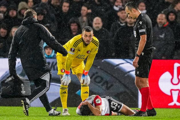 UEFA Europa League: Feyenoord v Lazio Roma Rotterdam - Feyenoord keeper Justin Bijlow, David Hancko of Feyenoord during the match between Feyenoord v Lazio Roma at Stadion Feijenoord De Kuip on 3 November 2022 in Rotterdam, The Netherlands. Copyright: xTomxBodex