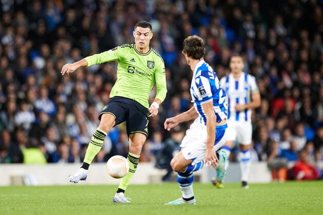 November 3, 2022, SAN SEBASTIAN, GUIPUZCOA, SPAIN: Cristiano Ronaldo of Manchester United, ManU competes for the ball with Robin Le Normand of Real Sociedad during the UEFA Europa League group E match between Real Sociedad and Manchester United at Reale Arena on November 3, 2022, in San Sebastian, Spain. SAN SEBASTIAN SPAIN - ZUMAa181 20221103_zaa_a181_011 Copyright: xRicardoxLarreinax