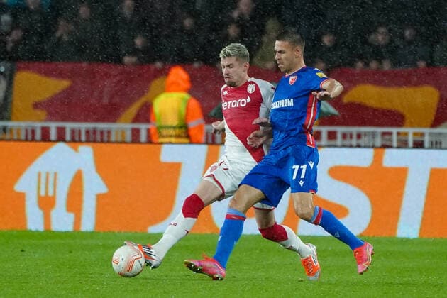 Caio Henrique Oliveira Silva (AS Monaco) - Marko Gobeljic (Etoile Rouge de Belgrade) FOOTBALL : AS Monaco vs Etoile Rouge de Belgrade - Europa League - Phase de groupe H - Monaco - 03 11 2022 NorbertScanella Panoramic 