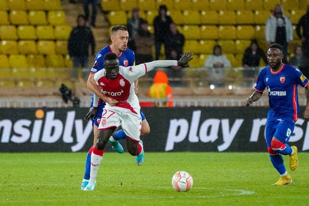 Krepin Diatta (AS Monaco) - Milan Rodic (Etoile Rouge de Belgrade) FOOTBALL : AS Monaco vs Etoile Rouge de Belgrade - Europa League - Phase de groupe H - Monaco - 03 11 2022 NorbertScanella Panoramic 