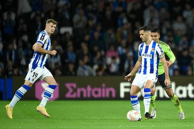SAN SEBASTIAN, SPAIN - NOVEMBER 03: Mikel Merino of Real Sociedad during the UEFA Europa League group E match between Real Sociedad and Manchester United, ManU at Reale Arena on November 3, 2022 in San Sebastian, Spain. SPO 