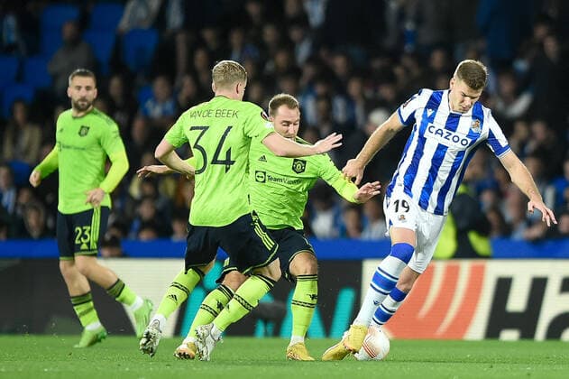 SAN SEBASTIAN, SPAIN - NOVEMBER 03: Alexander Sorloth of Real Sociedad during the UEFA Europa League group E match between Real Sociedad and Manchester United, ManU at Reale Arena on November 3, 2022 in San Sebastian, Spain. SPO 