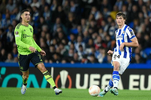 SAN SEBASTIAN, SPAIN - NOVEMBER 03: Robin Le Normand of Real Sociedad during the UEFA Europa League group E match between Real Sociedad and Manchester United, ManU at Reale Arena on November 3, 2022 in San Sebastian, Spain. SPO 