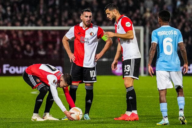 UEFA Europa League: Feyenoord v Lazio Roma Rotterdam - Sebastian Szymanski of Feyenoord, Orkun Kokcu of Feyenoord, David Hancko of Feyenoord during the match between Feyenoord v Lazio Roma at Stadion Feijenoord De Kuip on 3 November 2022 in Rotterdam, The Netherlands. Copyright: xTomxBodex