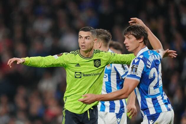 Mandatory Credit: Photo by Bagu Blanco Pressinphoto Shutterstock (13607020bm) Cristiano Ronaldo of Manchester United, ManU and Robin Le Normand of Real Sociedad Real Sociedad v Manchester United, UEFA Europa League, Group C, date 4. Football, Reale Arena Stadium, San Sebastian, Spain - 3 Nov 2022 Editorial use only Real Sociedad v Manchester United, UEFA Europa League, Group C, date 4. Football, Reale Arena Stadium, San Sebastian, Spain - 3 Nov 2022 Editorial use only  Copyright: xBaguxBlanco Pressinphoto Shutterstockx 13607020bm