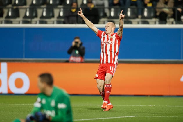 Berlin s Sven Michel celebrates after scoring during a soccer match between Belgian Royale Union Saint-Gilloise and German Union Berlin, Thursday 03 November 2022 in Leuven, on day 6 6 of the Uefa Europa League group stage. BRUNOxFAHY  x48592117x