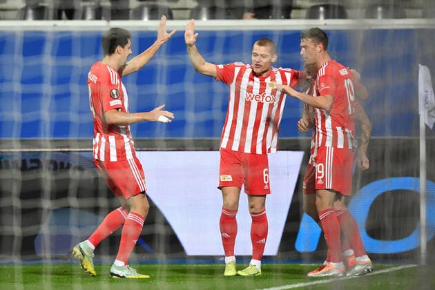 Football, men, season 2022 2023, Europa League group stage, group D, matchday 6 , Royale Union Saint Gilloise 1 FC Union Berlin, v l Diogo Leite 1 FC Union Berlin, 4 , Julian Ryerson 1 FC Union Berlin, 6 , Sven Michel 1 FC Union Berlin, 11 and Janik Haberer 1 FC Union Berlin, 19 goal celebration, cheering after the goal to 0 1 by Sven Michel 1 FC Union Berlin, 11 , 03 11 2022, Copyright: xSebastianxRäppold MatthiasxKochx