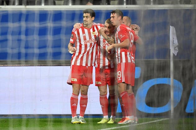 Football, men, season 2022 2023, Europa League group stage, group D, matchday 6 , Royale Union Saint Gilloise 1 FC Union Berlin, v l Diogo Leite 1 FC Union Berlin, 4 , Julian Ryerson 1 FC Union Berlin, 6 , Sven Michel 1 FC Union Berlin, 11 and Janik Haberer 1 FC Union Berlin, 19 goal celebration, cheering after the goal to 0 1 by Sven Michel 1 FC Union Berlin, 11 , 03 11 2022, Copyright: xSebastianxRäppold MatthiasxKochx