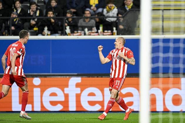 LEUVEN, BELGIUM - NOVEMBER 03 : Michel Sven forward of Union Berlin celebrates scoring a goal during UEFA Europa league match between Union St-Gilloise and Union Berlin at the King Power Stadium at den Dreef November 3, 2022 in Leuven, Belgium, 3 11 2022 ( Union ST-Gilloise v Union Berlin PhotoNews Panoramic 