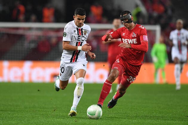 Soccer UEFA Conference League Group Stage 6 Matchday 1 FC Cologne OGC Nice on 03 11 2022 at RheinEnergieStadion in Cologne Youcef Atal Nice , left Ellyes Skhiri Cologne , right xHDx