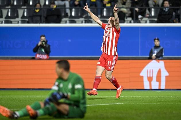 LEUVEN, BELGIUM - NOVEMBER 03 : Michel Sven forward of Union Berlin celebrates scoring a goal during UEFA Europa league match between Union St-Gilloise and Union Berlin at the King Power Stadium at den Dreef November 3, 2022 in Leuven, Belgium, 3 11 2022 ( Union ST-Gilloise v Union Berlin PhotoNews Panoramic 