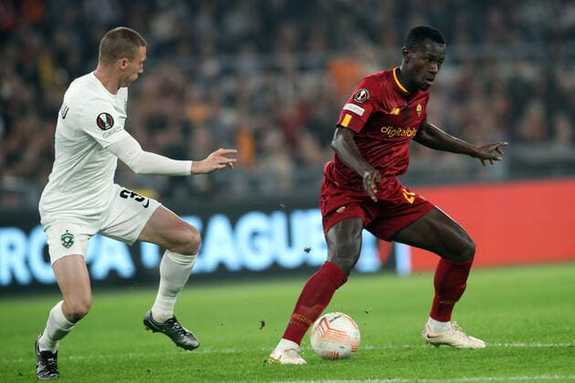 Rome, Italy 03.11.2022: Anton Nedyalkov of Ludogorests, Mady Camara of Roma in action during the Europe Uefa League 2022-2023 Group C, day 6, football match between AS Roma vs Ludogorests at Olympic Stadium in Rome.  Copyright: xmarcoxiacobuccix xipa-agency.netx xmarcoxiacobuccix 0