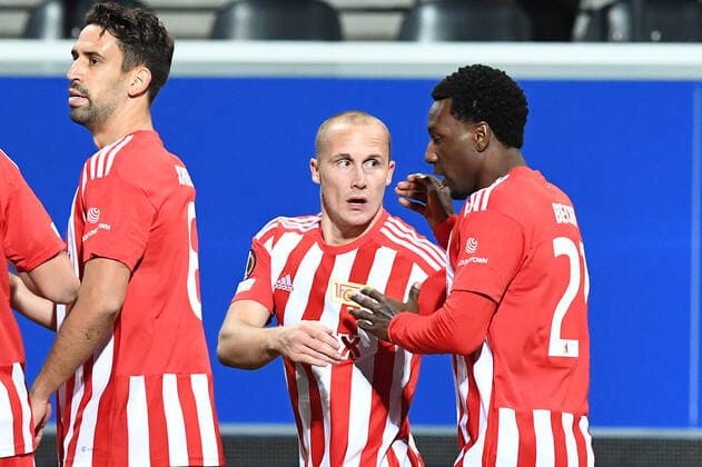 Football, men, season 2022 2023, Europa League group stage, group D, matchday 6 , Royale Union Saint Gilloise 1 FC Union Berlin, v l Rani Khedira 1 FC Union Berlin, 8 , Sven Michel 1 FC Union Berlin, 11 and Sheraldo Becker 1 FC Union Berlin, 27 goal celebration, cheering after the goal to 0 1 , 03 11 2022, Copyright: xSebastianxRäppold MatthiasxKochx