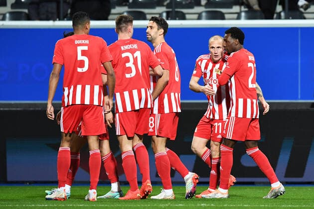 Football, men, season 2022 2023, Europa League group stage, group D, matchday 6 , Royale Union Saint Gilloise 1 FC Union Berlin, v l Danilho Doekhi 1 FC Union Berlin, 5 , Robin Knoche 1 FC Union Berlin, 31 , Rani Khedira 1 FC Union Berlin, 8 , Sven Michel 1 FC Union Berlin, 11 and Sheraldo Becker 1 FC Union Berlin, 27 goal celebration, cheering after scoring 0 1, 03 11 2022, Copyright: xSebastianxRäppold MatthiasxKochx