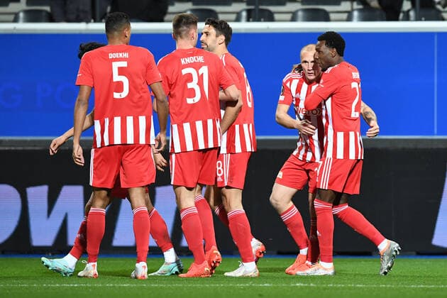 Football, men, season 2022 2023, Europa League group stage, group D, matchday 6 , Royale Union Saint Gilloise 1 FC Union Berlin, v l Danilho Doekhi 1 FC Union Berlin, 5 , Robin Knoche 1 FC Union Berlin, 31 , Rani Khedira 1 FC Union Berlin, 8 , Sven Michel 1 FC Union Berlin, 11 and Sheraldo Becker 1 FC Union Berlin, 27 goal celebration, cheering after scoring 0 1, 03 11 2022, Copyright: xSebastianxRäppold MatthiasxKochx