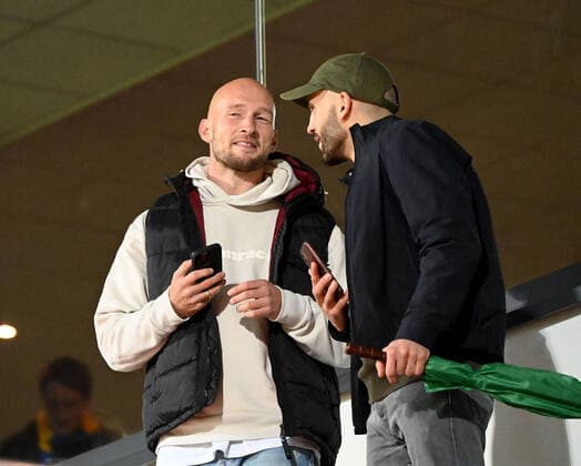 Football, men, season 2022 2023, Europa League group stage, group D, matchday 6 , Royale Union Saint Gilloise 1 FC Union Berlin, v l the ex Unioner Toni Leistner and Union fan Ali in the stands,, 03 11 2022, Copyright: xMatthiasxKochx
