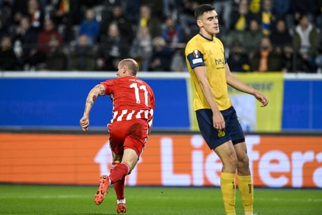 LEUVEN, BELGIUM - NOVEMBER 03 : Michel Sven forward of Union Berlin celebrates scoring a goal during UEFA Europa league match between Union St-Gilloise and Union Berlin at the King Power Stadium at den Dreef November 3, 2022 in Leuven, Belgium, 3 11 2022 ( Union ST-Gilloise v Union Berlin PhotoNews Panoramic 
