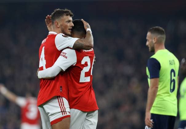 London, England, 3rd November 2022. Ben White and Reiss Nelson of Arsenal celebrate after Kieran Tierney of Arsenal scores the opening goal during the UEFA Europa League match at the Emirates Stadium, London. Picture credit should read: Paul Terry Sportimage EDITORIAL USE ONLY. No use with unauthorised audio, video, data, fixture lists, club league logos or live services. Online in-match use limited to 120 images, no video emulation. No use in betting, games or single club league player publications. SPI-2011-0007