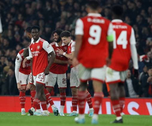 London, England, 3rd November 2022. Kieran Tierney of Arsenal celebrates with team mates after scoring the opening goal during the UEFA Europa League match at the Emirates Stadium, London. Picture credit should read: Paul Terry Sportimage EDITORIAL USE ONLY. No use with unauthorised audio, video, data, fixture lists, club league logos or live services. Online in-match use limited to 120 images, no video emulation. No use in betting, games or single club league player publications. SPI-2011-0009