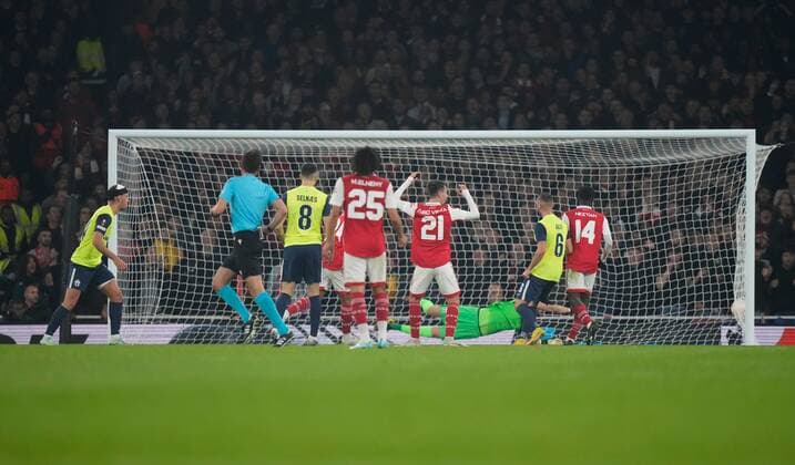 Mandatory Credit: Photo by Dave Shopland Shutterstock (13602543t) Arsenal opening goal 1-0 Arsenal v FC Zurich, UEFA Europa League, Group A, Football, Emirates Stadium, London, UK - 03 Nov 2022 EDITORIAL USE ONLY No use with unauthorised audio, video, data, fixture lists, club league logos or live services. Online in-match use limited to 120 images, no video emulation. No use in betting, games or single club league player publications. Arsenal v FC Zurich, UEFA Europa League, Group A, Football, Emirates Stadium, London, UK - 03 Nov 2022 EDITORIAL USE ONLY No use with unauthorised audio, video, data, fixture lists, club league logos or live services. Online in-match use limited to 120 images, no video emulation. No use in betting, games or single club league player publications. Copyright: xDavexShopland Shutterstockx 13602543t