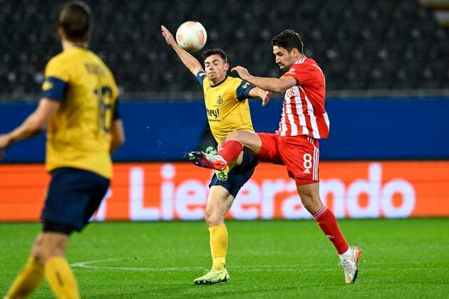 LEUVEN, BELGIUM - NOVEMBER 03 : Vanzeir Dante forward of Union St-Gilloise pictured in action with Khedira Rani midfielder of Union Berlin during UEFA Europa league match between Union St-Gilloise and Union Berlin at the King Power Stadium at den Dreef November 3, 2022 in Leuven, Belgium, 3 11 2022 ( Union ST-Gilloise v Union Berlin PhotoNews Panoramic 