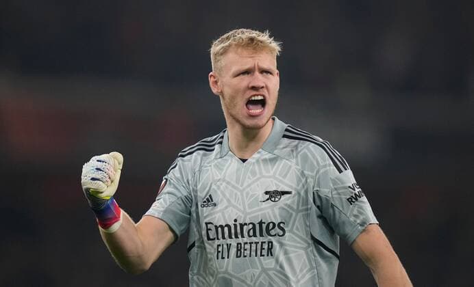 Mandatory Credit: Photo by Dave Shopland Shutterstock (13602543r) Aaron Ramsdale of Arsenal celebrates opening goal 1-0 Arsenal v FC Zurich, UEFA Europa League, Group A, Football, Emirates Stadium, London, UK - 03 Nov 2022 EDITORIAL USE ONLY No use with unauthorised audio, video, data, fixture lists, club league logos or live services. Online in-match use limited to 120 images, no video emulation. No use in betting, games or single club league player publications. Arsenal v FC Zurich, UEFA Europa League, Group A, Football, Emirates Stadium, London, UK - 03 Nov 2022 EDITORIAL USE ONLY No use with unauthorised audio, video, data, fixture lists, club league logos or live services. Online in-match use limited to 120 images, no video emulation. No use in betting, games or single club league player publications. Copyright: xDavexShopland Shutterstockx 13602543r