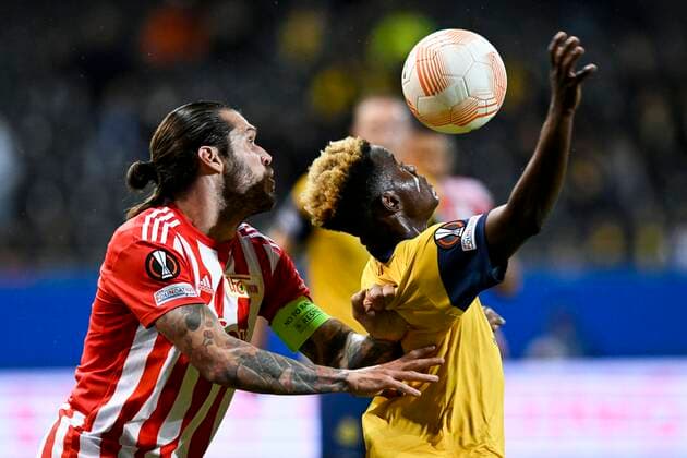 LEUVEN, BELGIUM - NOVEMBER 03 : Trimmel Christopher midfielder of Union Berlin pictured in action with Adingra Simon defender of Union St-Gilloise during UEFA Europa league match between Union St-Gilloise and Union Berlin at the King Power Stadium at den Dreef November 3, 2022 in Leuven, Belgium, 3 11 2022 ( Union ST-Gilloise v Union Berlin PhotoNews Panoramic 