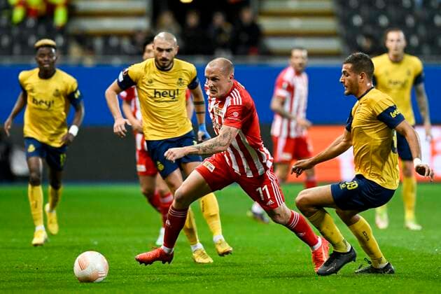 LEUVEN, BELGIUM - NOVEMBER 03 : Michel Sven forward of Union Berlin pictured in action with Kandouss Ismael defender of Union St-Gilloise during UEFA Europa league match between Union St-Gilloise and Union Berlin at the King Power Stadium at den Dreef November 3, 2022 in Leuven, Belgium, 3 11 2022 ( Union ST-Gilloise v Union Berlin PhotoNews Panoramic 
