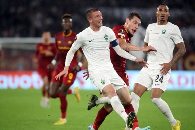 Rome, Italy 03.11.2022: Jakub Piotrowski of Ludogorests, Andrea Belotti of Roma in action during the Europe Uefa League 2022-2023 Group C, day 6, football match between AS Roma vs Ludogorets at Olympic Stadium in Rome.  Copyright: xmarcoxiacobuccix xipa-agency.netx xmarcoxiacobuccix 0