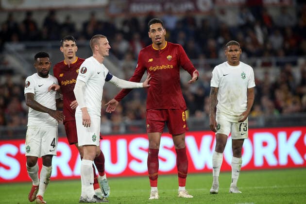 Rome, Italy 03.11.2022: Jakub Piotrowski of Ludogorests, Chris Smalling of Romain action during the Europe Uefa League 2022-2023 Group C, day 6, football match between AS Roma vs Ludogorets at Olympic Stadium in Rome.  Copyright: xmarcoxiacobuccix xipa-agency.netx xmarcoxiacobuccix 0