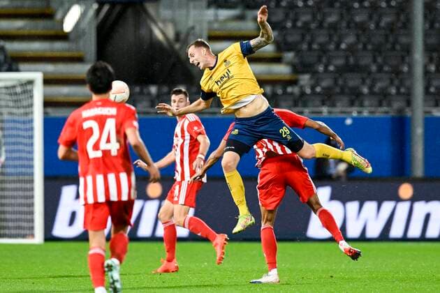 LEUVEN, BELGIUM - NOVEMBER 03 : Nilsson Gustaf forward of Union St-Gilloise pictured in action during UEFA Europa league match between Union St-Gilloise and Union Berlin at the King Power Stadium at den Dreef November 3, 2022 in Leuven, Belgium, 3 11 2022 ( Union ST-Gilloise v Union Berlin PhotoNews Panoramic 