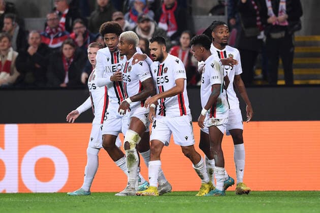 Soccer UEFA Conference League Group Stage 6 Matchday 1 FC Köln OGC Nice on 03 11 2022 at RheinEnergieStadion in Cologne Goal celebrations Goal to 0 1 by Gaetann Laborde Nice xHDx