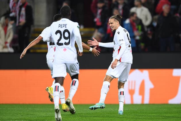 Soccer UEFA Conference League Group Stage 6 Matchday 1 FC Köln OGC Nice on 03 11 2022 at RheinEnergieStadion in Cologne Goal celebrations Goal to 0 2 by Billal Brahimi Nice xHDx
