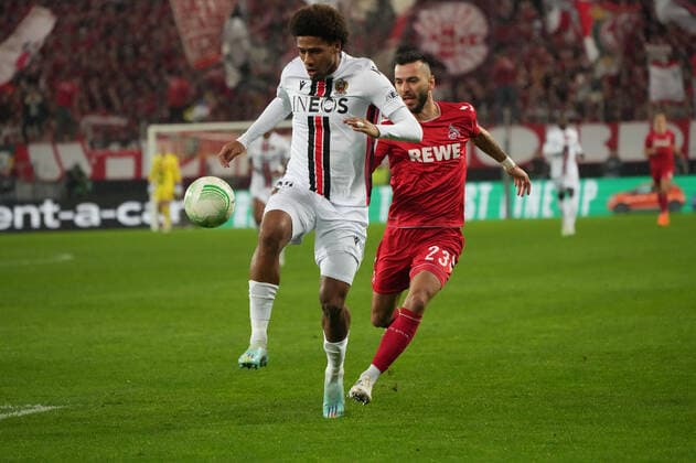 GER, Europa Conference League, Group Stage, Matchday 6, 1 FC Koeln GER vs OGC Nice FRA 03 11 2022, Rheinenergie Stadion, Koeln, GER, Europa Conference League, Group Stage, Matchday 6, 1 FC Koeln GER vs OGC Nice FRA , pictured Jean Clair Todibo Nice 25 , one-on-one with Sargis Adamyan FC Koeln 23 , nordphotoxGmBHx xMeuter nph00351