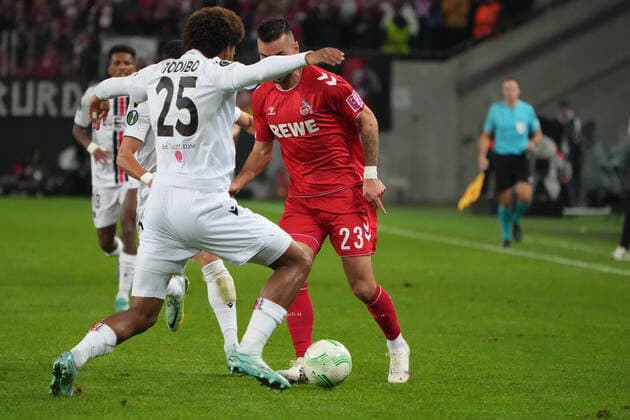 GER, Europa Conference League, group stage, matchday 6, 1 FC Koeln GER vs OGC Nice FRA 03 11 2022, Rheinenergie Stadion, Koeln, GER, Europa Conference League, group stage, matchday 6, 1 FC Koeln GER vs OGC Nice FRA , pictured Sargis Adamyan FC Koeln 23 , one-on-one against Jean Clair Todibo Nice 25 , nordphotoxGmBHx xMeuter nph00351